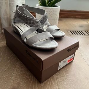Gray suede sandals with bling detail